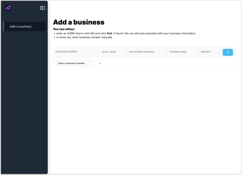Add your business screen